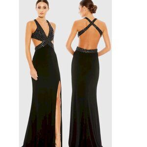 Mac Duggal 68166 Black Floral Sequined Criss Cross Bodice Gown Size 12 NEW